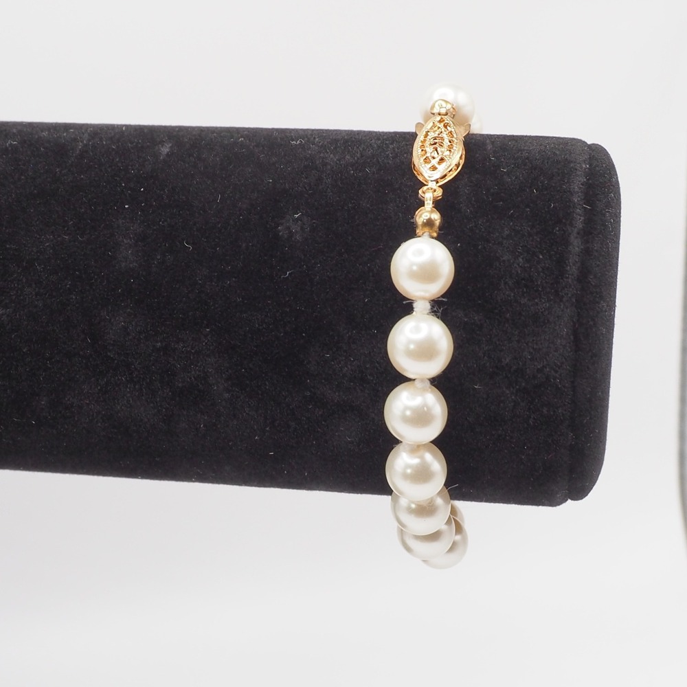 Vintage Bracelet 6.5" White Faux Pearl Gold Tone Filigree Decorated Clasp Bridal